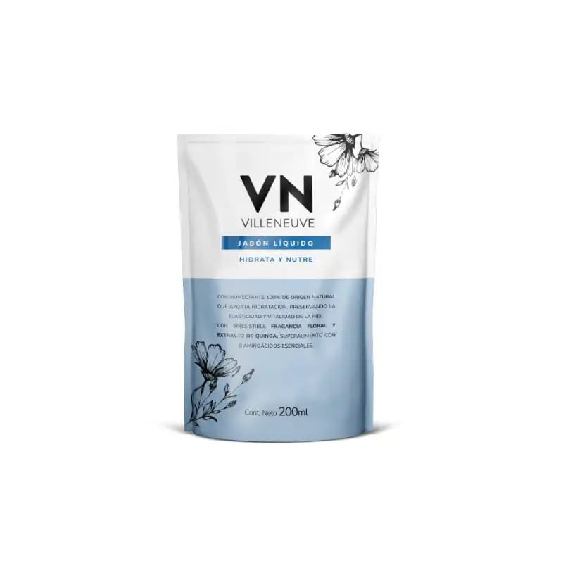 Jabon Liquido para Manos Villeneuve Flores y Quinoa de 200 ml. Repuesto Económico