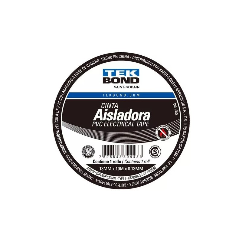 Cinta Aisladora Tekbond de 18 mm. x 10 mts.